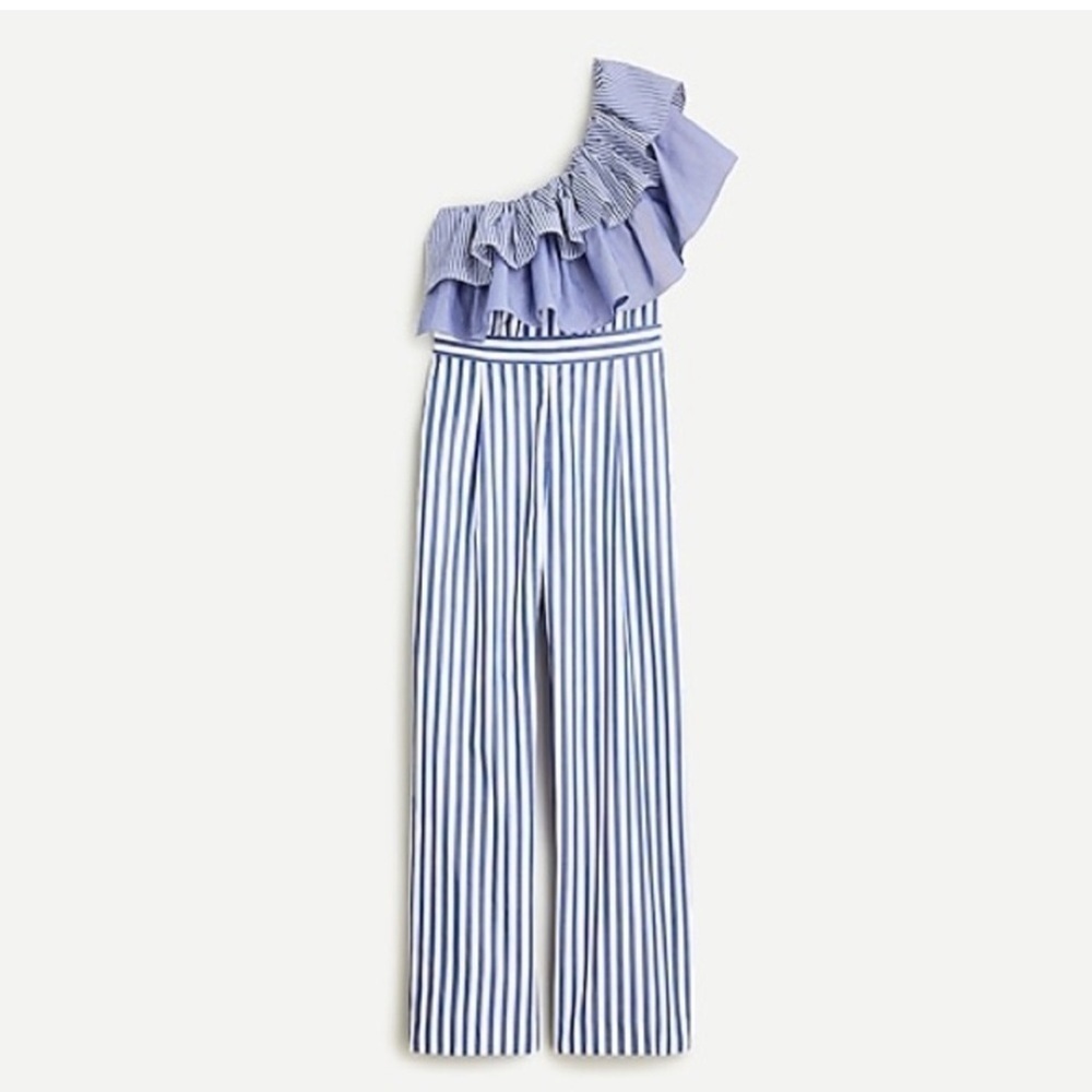 J. Crew One Shoulder Ruffle Jumpsuit Blue White Stripe 100% Cotton Size US 4 - Picture 3 of 16